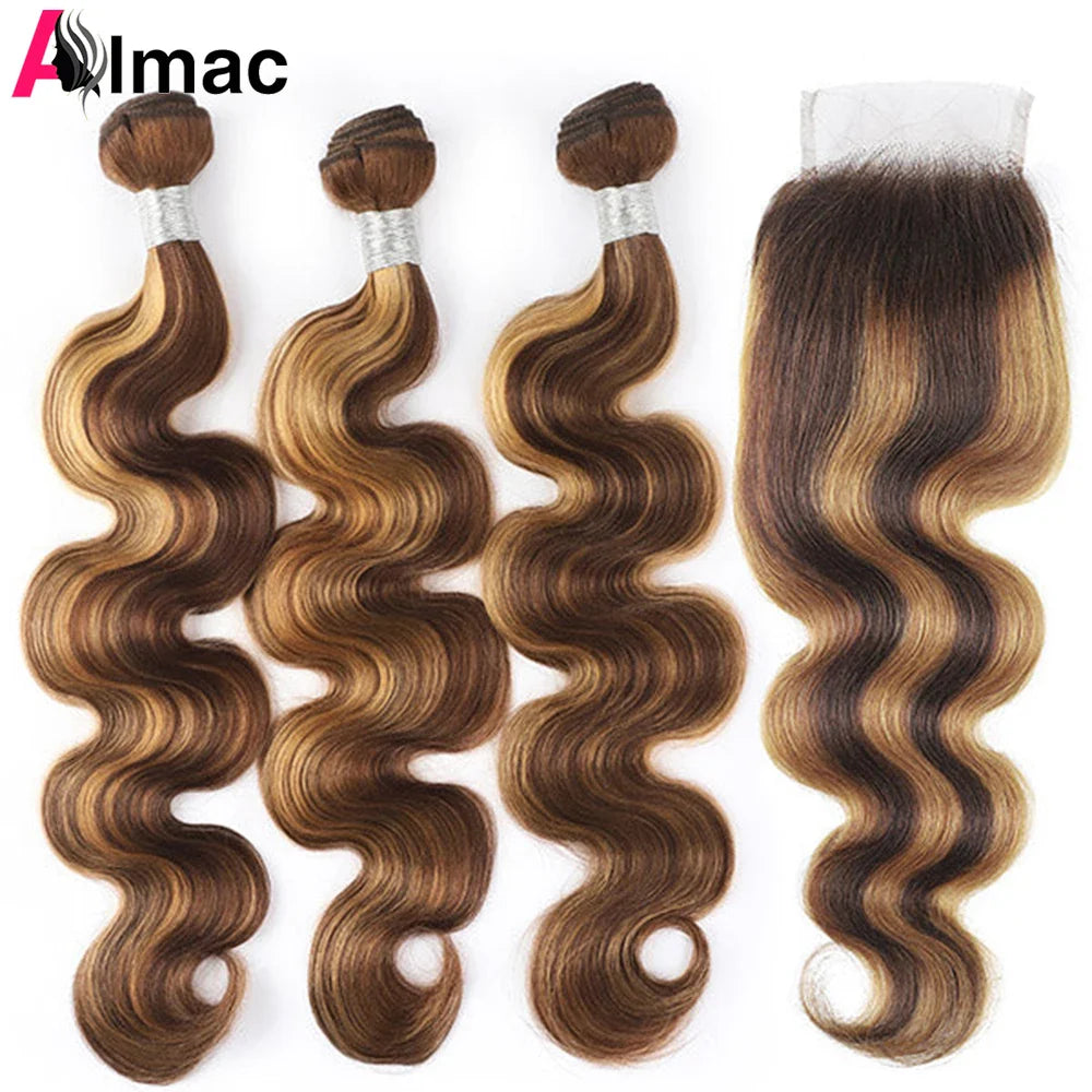 P4/27 Highlight Body Wave 3/4 Human Hair Bundles With 4x4 HD Lace Closure Pre-Plucked Peruvian Remy Hair Extention 220g/Set