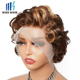 P4/27 Highlight Pixie Curly Wigs 13*4 Lace Frontal Human Hair Wig Ready to Wear Indian Hair Short Bouncy Curly Side Part