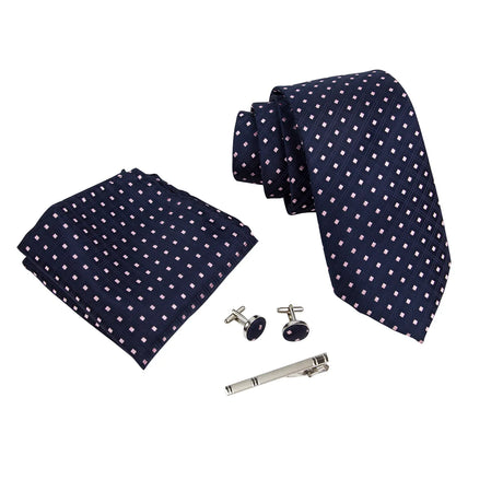 Men Polka Dot Navy Blue Hombre Necktie Sets with Hankie Metal Cufflinks Clip Set Shirt Accessories Fit Wedding Performance Tie