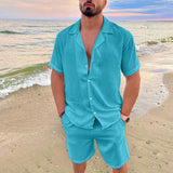 Hawaiian Men's Summer Polo Collar Cotton Linen Two Piece Set Solid Short Sleeve Shirt + Shorts Fashion Suit