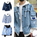 Men Light Blue Winter Jean Jackets Hooded Casual Men Solid Color Jean Jackets Popular Single Breasted Drawstring Jean Jacket