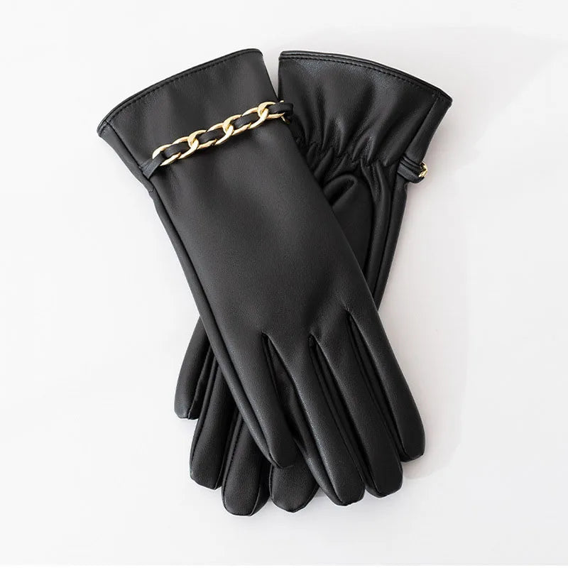 Fashion Chain Women' PU Leather Gloves Winter Warm Plus Velvet Thicken Full Finger Outdoor Riding Touch Screen Driving Mittens