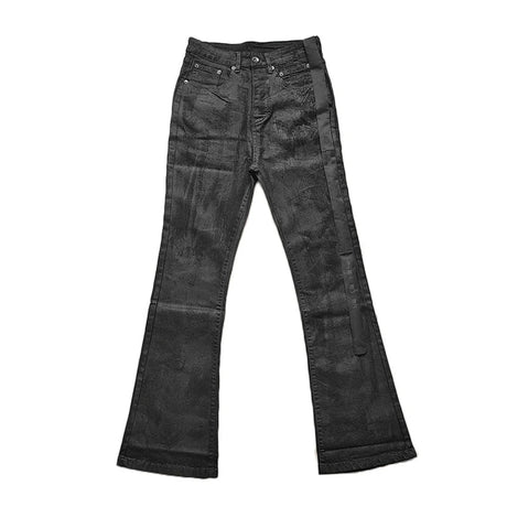 REDDACHIC Black Wax Coated Flare Jeans Men Stretchy Fitted Matte Textured Bootcut Pants Flowy Belt Vintage Y2k Hip Hop Trousers