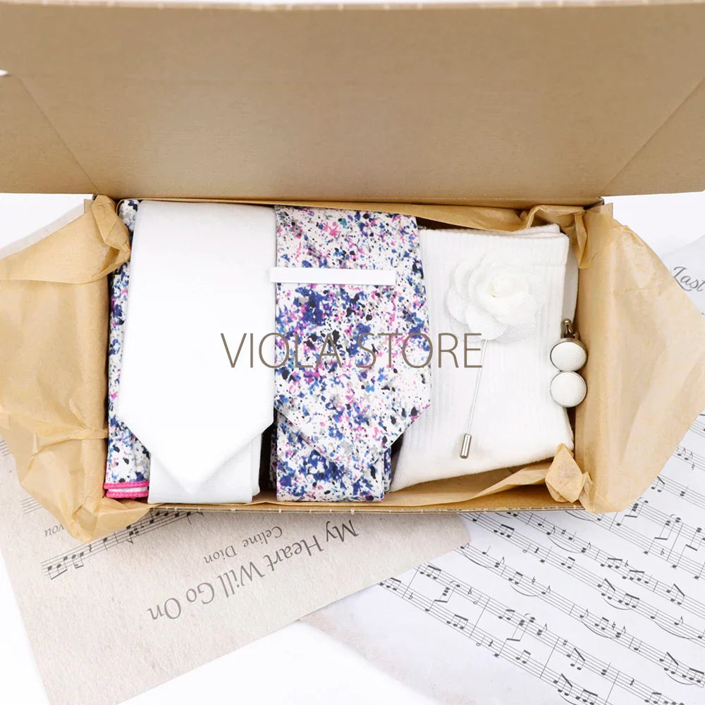 Viola Design Gift Box Hot Solid Floral Cotton Sock Necktie Set Clip Cufflinks Pin Hanky Men Wedding Party Daily Cravat Accessory