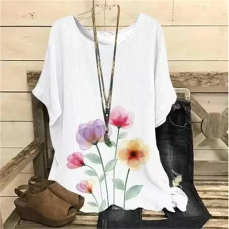 New Fashion Women T-Shirt O-Neck Casual Short Sleeve Flowers Print Tshirt Plus Size Female Summer Harajuku Loose Ladies Pu-shirt