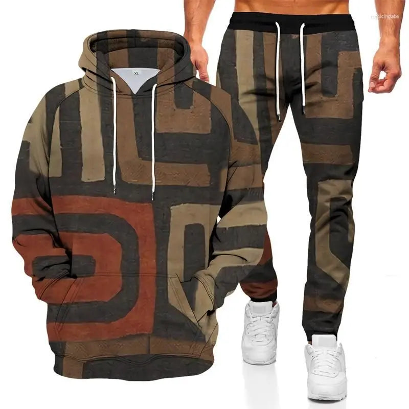 Men's Tracksuits Fashionable Hoodie Sports Suit 3D Geometric Graphic Printed Casual Loose Long Sleeve Pants Set 2 Pieces