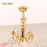 1:12 Dollhouse Miniature LED Ceiling Lamp Gold Chandelier Droplight Lighting Lights Battery Operated Furniture Model Decor Toy