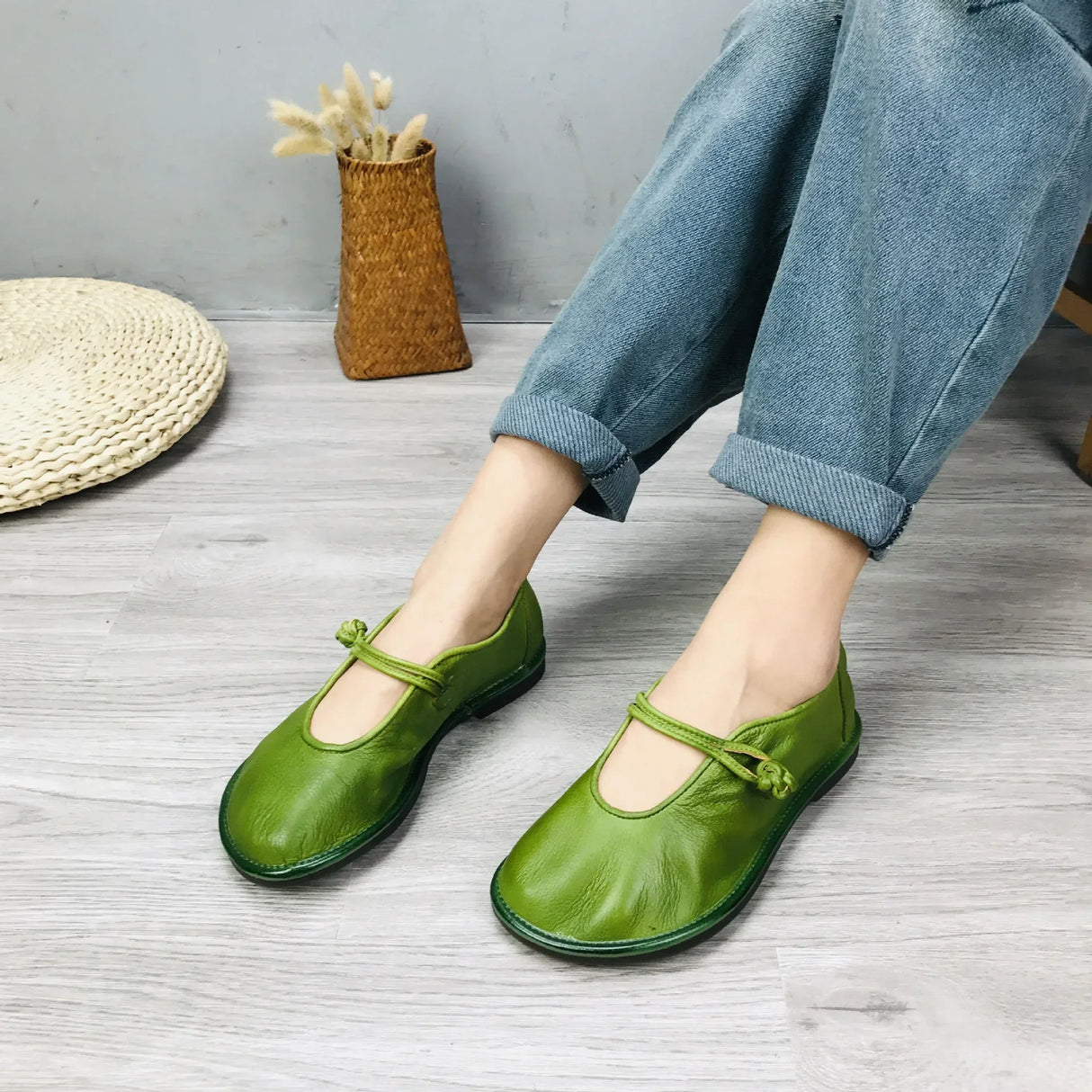 Birkuir Original Genuine Leather Flats Shoes For Women Retro Mary Jane Button Shoes Chinese Style Soft Handmade Ladies Shoes Red