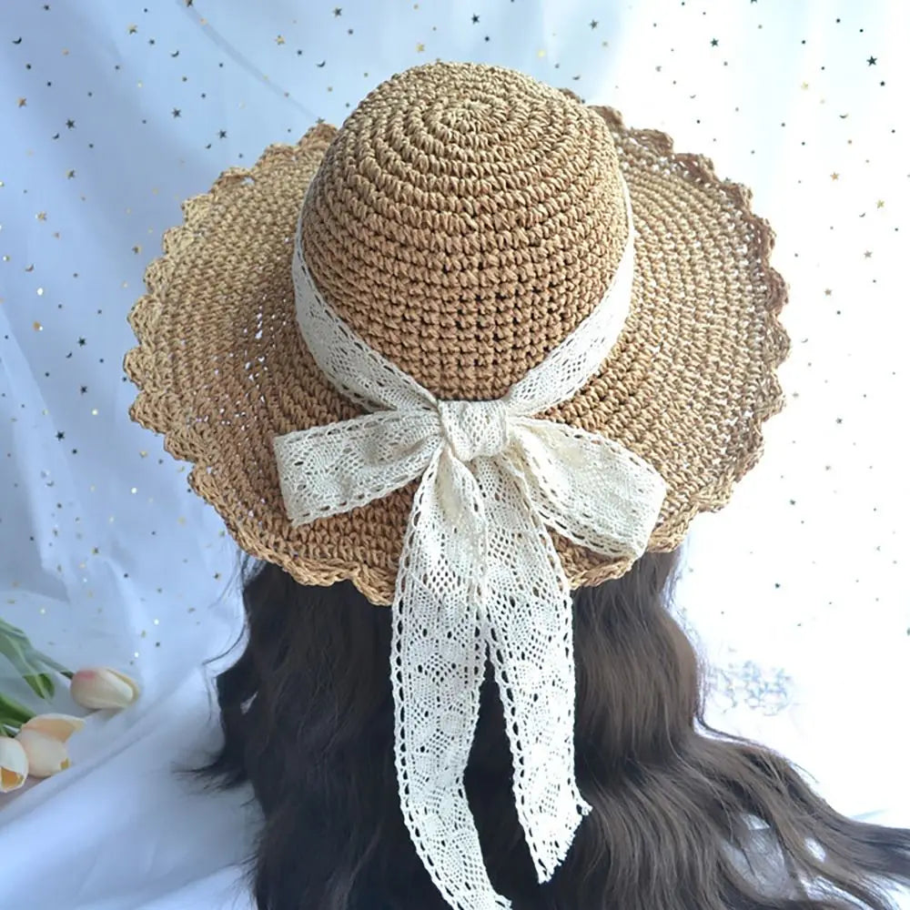 Wide Brim Straw Hat Foldable Big Lace Bow UV Protection Cover Hat Korean Version Summer Hats Travel