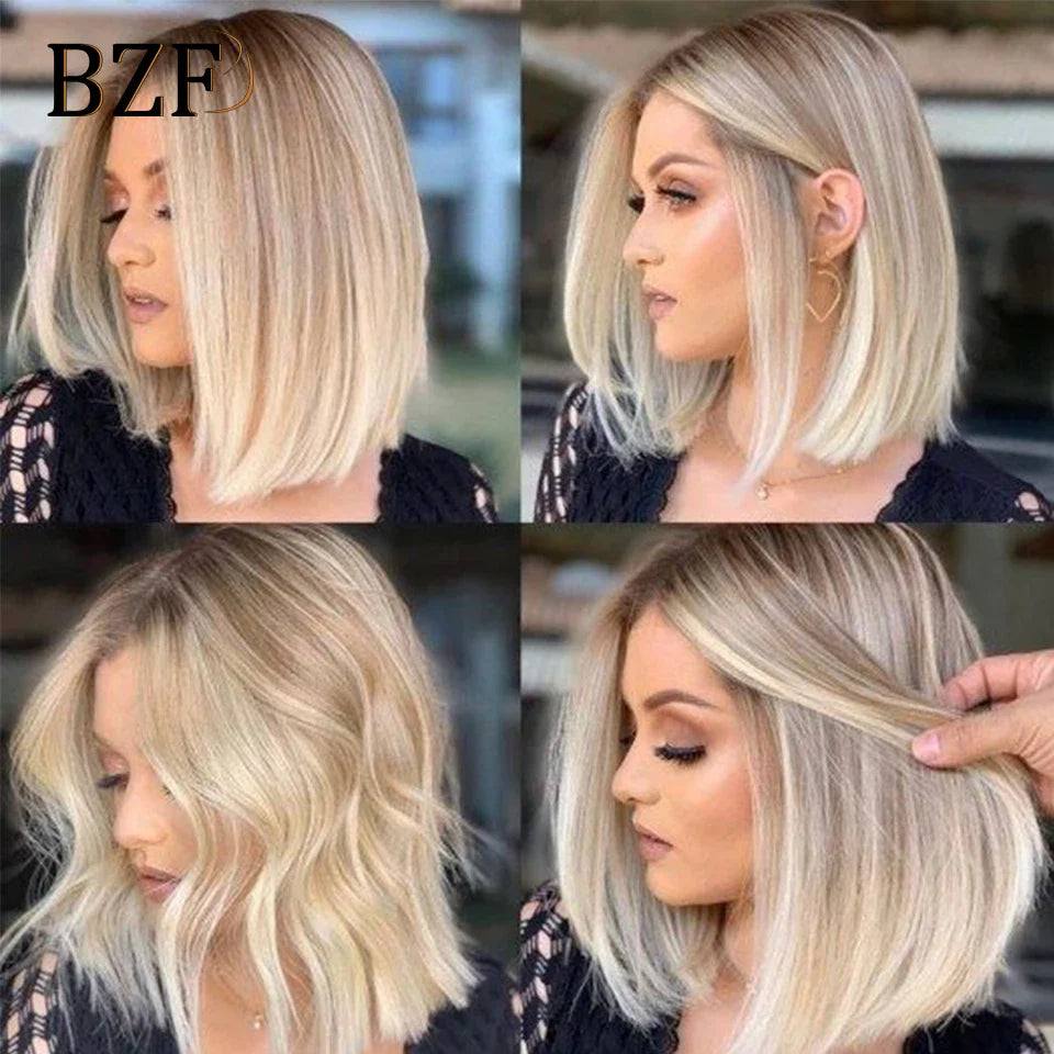 13x3 Blonde Highlight Synthetic Lace Front Bob Wigs Short Cosplay 12Inch Straight Glueless Heat Resistant Wig For Women Daily