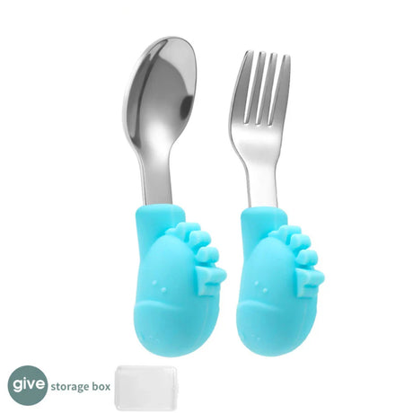 Supplementary Food Spoon With Storage Box Non-slip Comfortable Grip Cartoon Cute Baby Cares Stainless Steel Fork Spoon 5 Colors