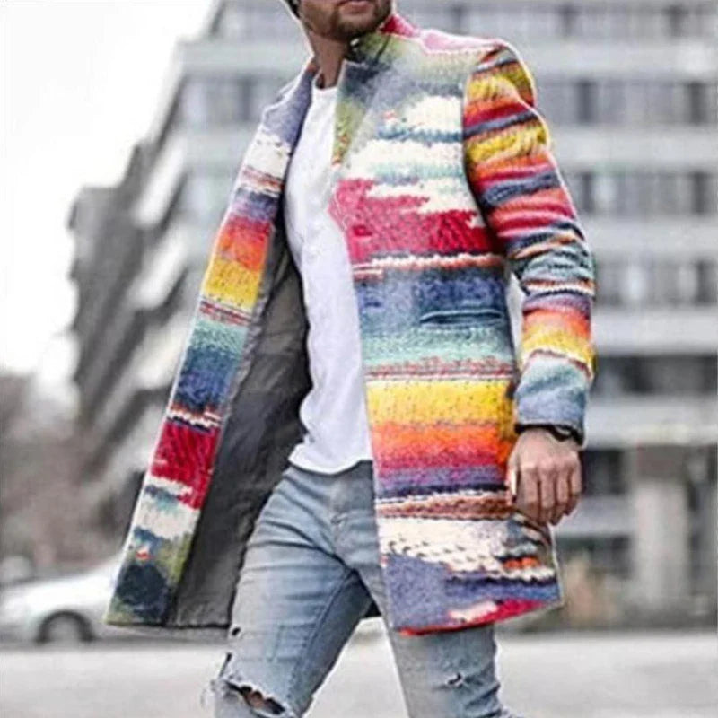 Men Woolen Coat Jacket Fashion Striped Geometric Print Young Mens Clothes Autumn Winter Single Breasted Pocket Overcoat Outwear