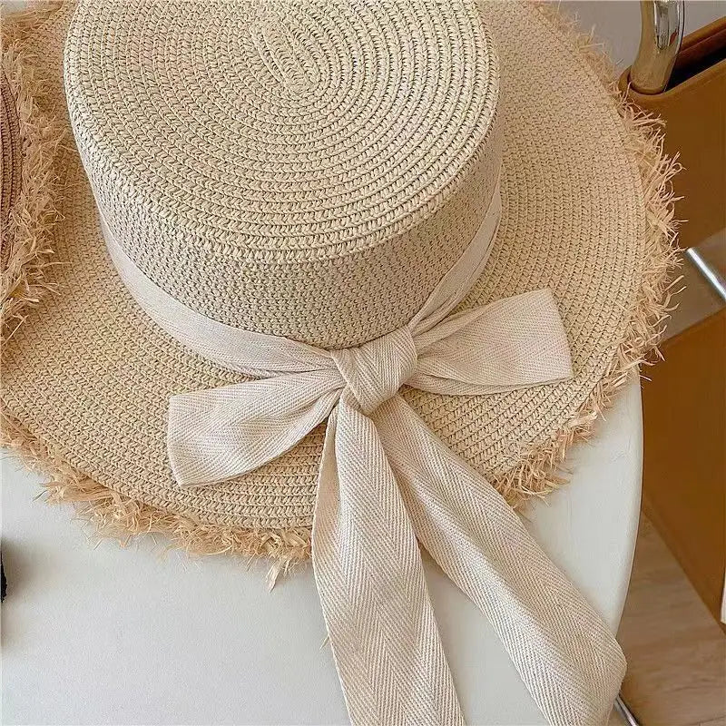 Handmade Ins Straw Hat Raw Edge Shian Hat Flat Brim During Vacation On Beach Sunlight Prevented Sun Hat Make Face look Small