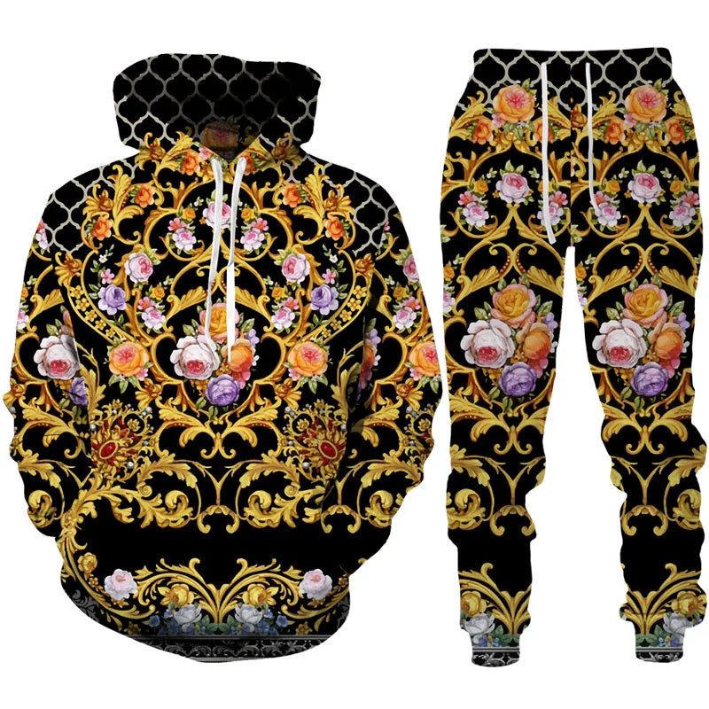 Spring Autumn  Golden Floral 3D Printed Hoodie/Tracksuit Casual Sweatshirt and Trousers Set Fashion Men Women Sports Suit