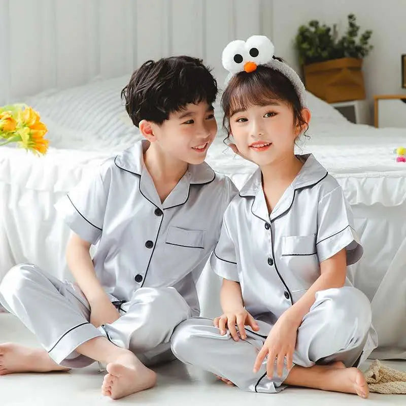 Girls Pink Satin Pajamas Sets Children's 2pcs Nightgowns Loungewear Boys Silk Pyjamas Teenager Nightgowns Sleepwear for 2-14T