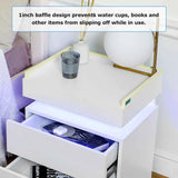 White LED Nightstand LED Bedside Table with High Gloss Drawers Modern Matte Led Night Stand with Border Table for Bedroom US