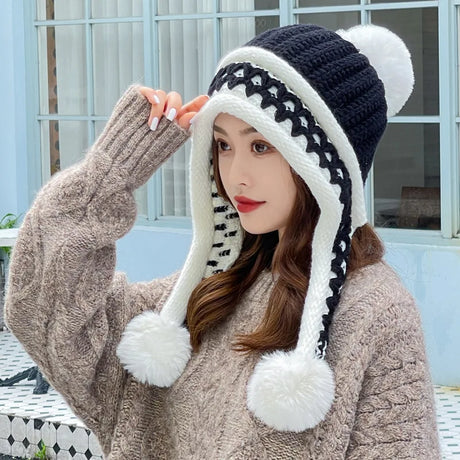 New Knitted Hat Thick Warm Earflap Hats Scarf 2Pcs Set Fleece Lined Ball Pompom Skullies Beanies Women Winter Rabbit Fur Cap