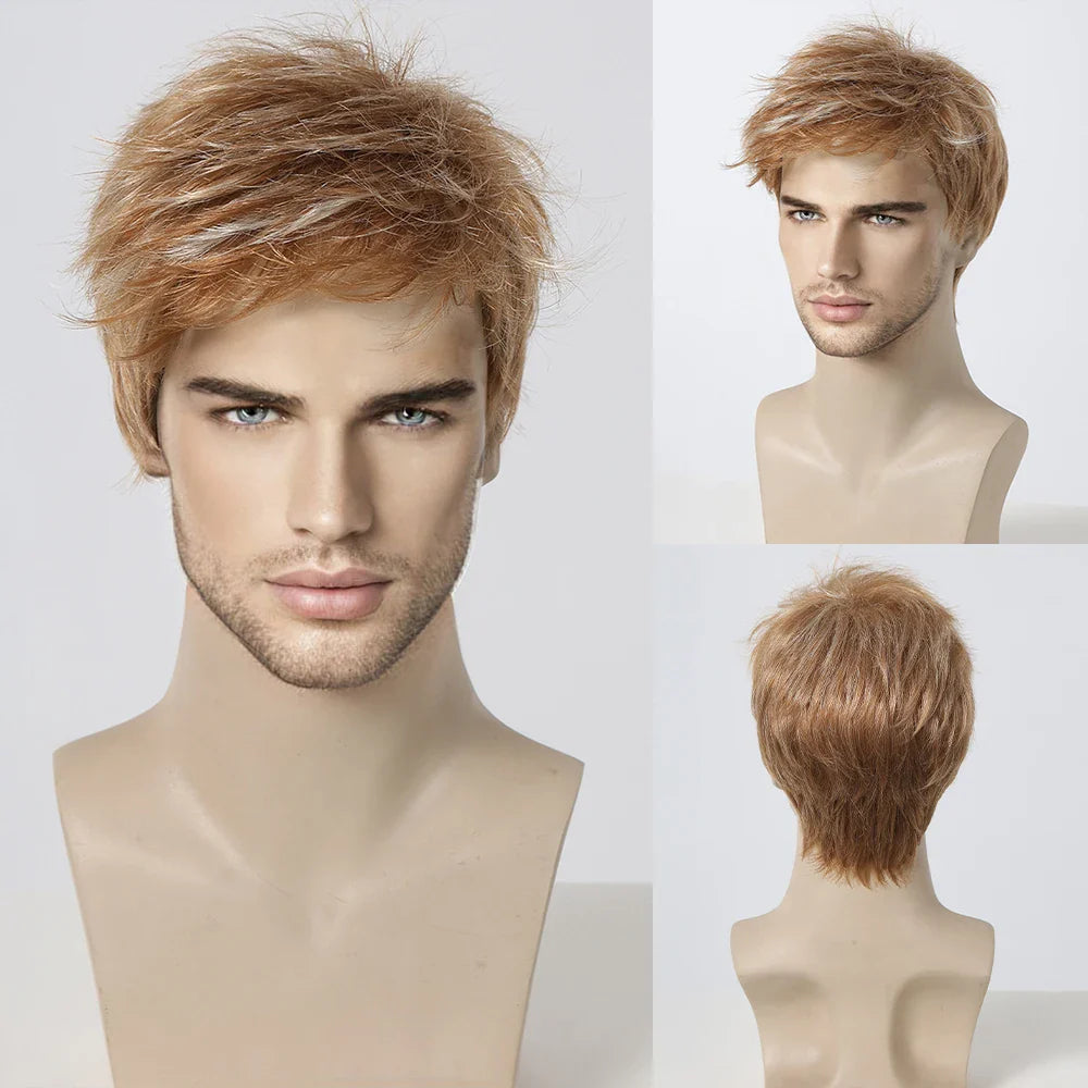 Bob Pixie Cut Wig for Men Light Brown Short Straight Synthetic Layered Wig with Bangs Natural Looking Hair for Cosplay Daily