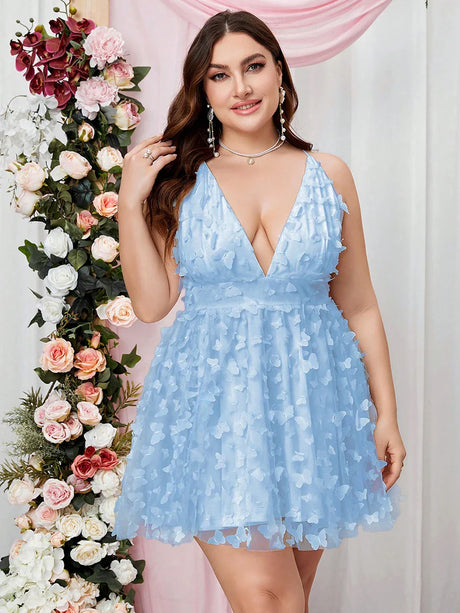 Cinemore Plus Size Summer Dresses Women 2023 Sleeveless Deep V Neck Butterfly Appliques Mesh Sexy Backless Female Cami Dress