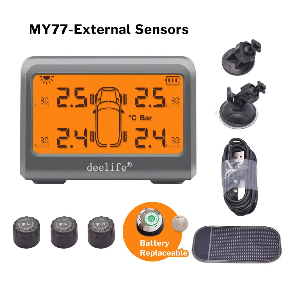 Deelife Solar TPMS Car Tire Pressure Monitoring System with 4 Wheel Tyre Battery Replaceable Internal External Sensors TMPS