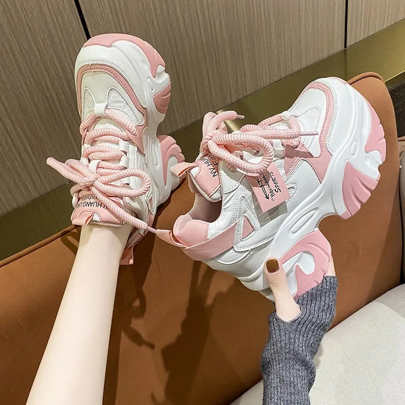 Fashion 10cm High Platform Sneakers Thick Sole Lace-up Chunky Sneakers Women Spring Wedges Hidden Heels Increase Casual Shoes