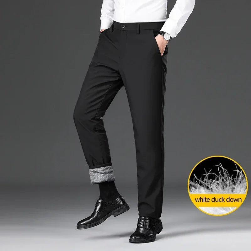 Winter Light and Warm Down Casual Pants High Quality Business Fashion Solid Color Straight Stretch Trousers Black Dark Gray