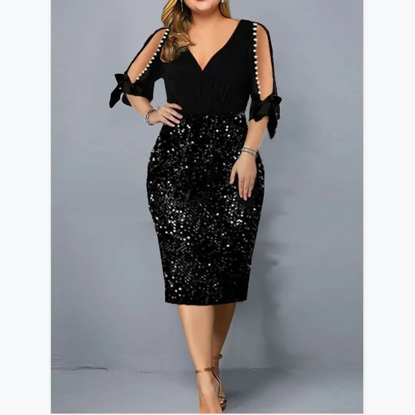 Big Size Clothing 2023 New Summer Loose Woman Slim Dress Sexy V Neck Personalized Sequin Design Plus Size Dress Party Vestidos