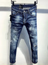 new brand dsq Men Jeans Badge Printed dsq Coolguy Beggar Denim Long Pants Straight Pockets Hole Zipper Button blue jeans pant