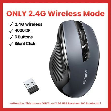 UGREEN Wireless Mouse Bluetooth5.0 Mouse Ergonomic 4000DPI 6 Mute Buttons Mouse For MacBook Tablet Laptops Computer PC 2.4G Mice