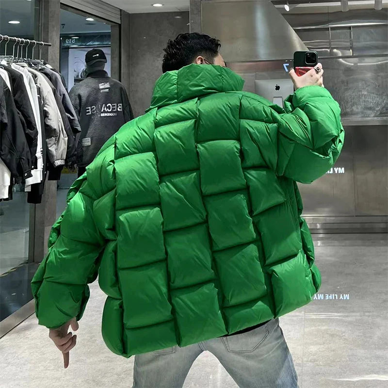 Winter Men's Cotton Padded Jacket Puffer Loose Solid Warm Coats Long Sleeve Criss Cross Stand Collar Thick Parka For Male