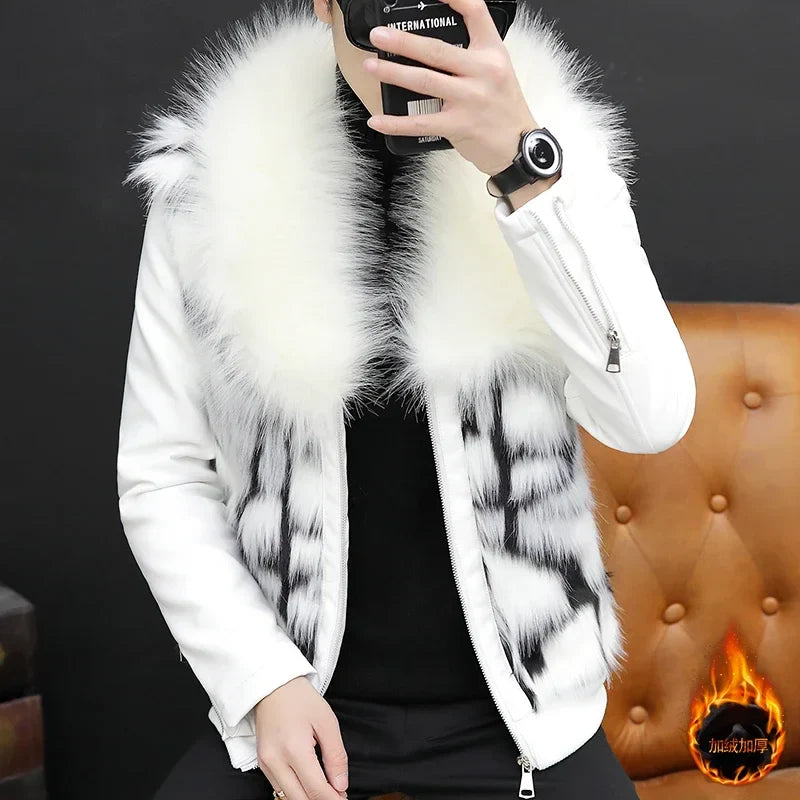 HOO 2024 Men's Cool Fur Collar Leather Coat Youth Fleece Thickened Faux Fur PU Leather