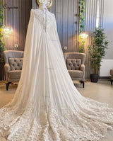 Ciynsia Arabic Dubai Long Sleeve Muslim Wedding Dress with Cape High Neck Islamic Bridal Gowns Chiffon Appliques Robe De Mariée