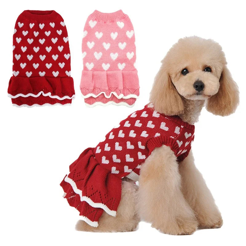 Pet Sweater Love Heart Red Skirt Round-neck Slim Pet Clothes Warm Knit Clothes for Dog Cat Holiday Clothes for Cat Dogs Apparels