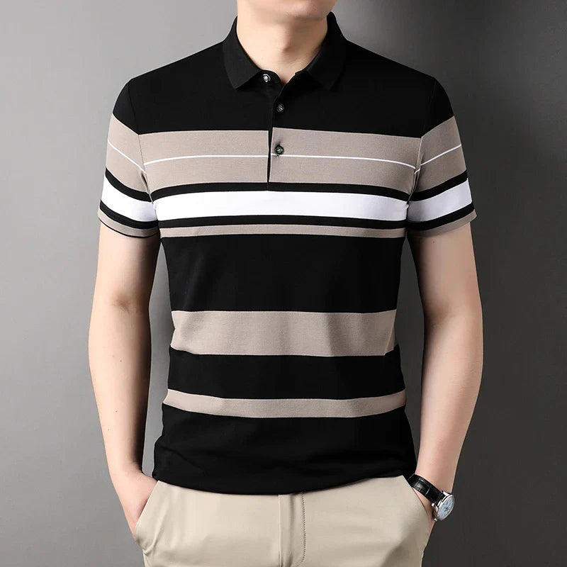 Summer Men's Polo Shirts With Short Sleeve Business Stripes Print Casual Tops Fashion Sport Wear Oversized T Shirts Man Clothes