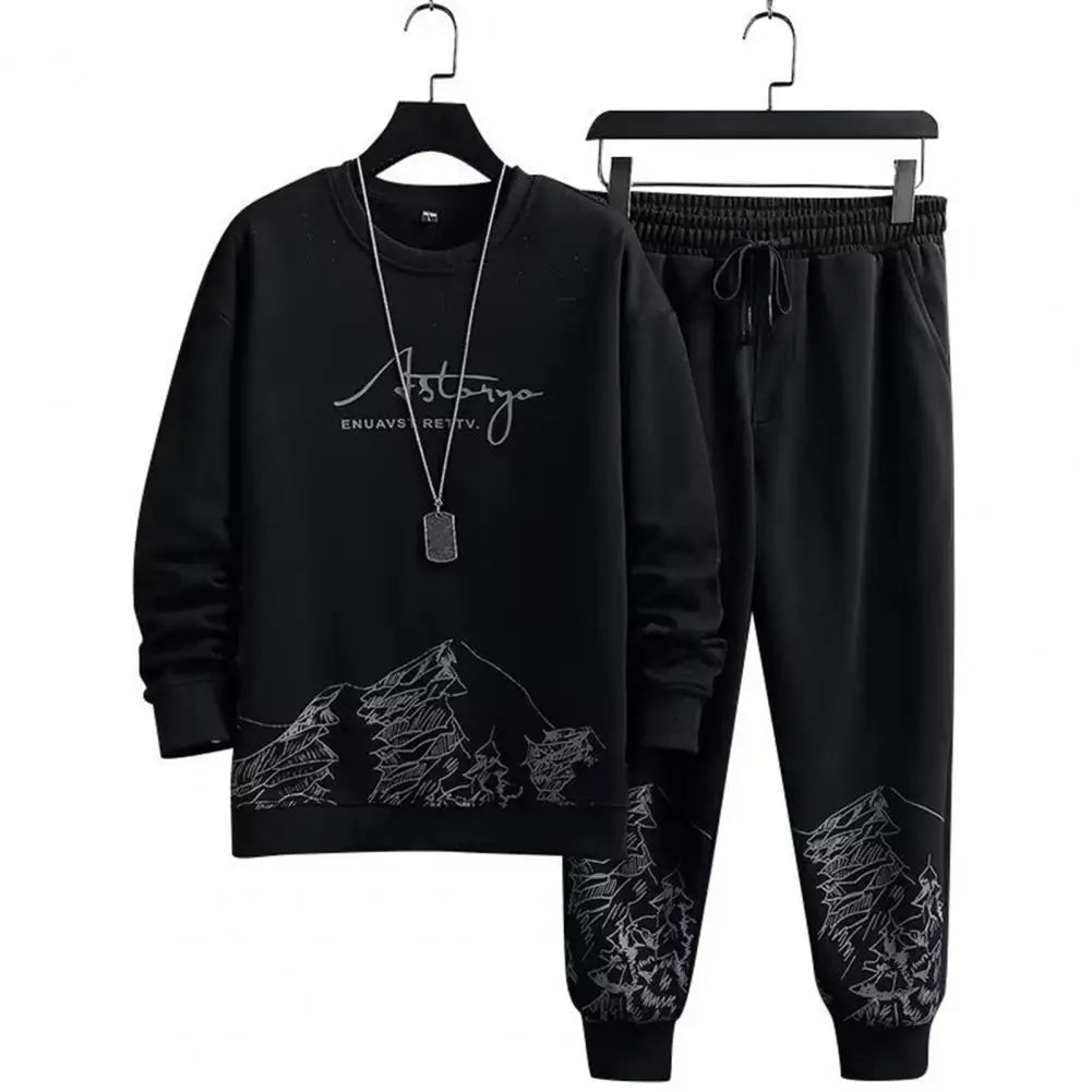 Pockets Jogging Suit Men's Mountain Print Casual Tracksuit Set with O-neck Sweatshirt Jogger Pants for Autumn Winter Men