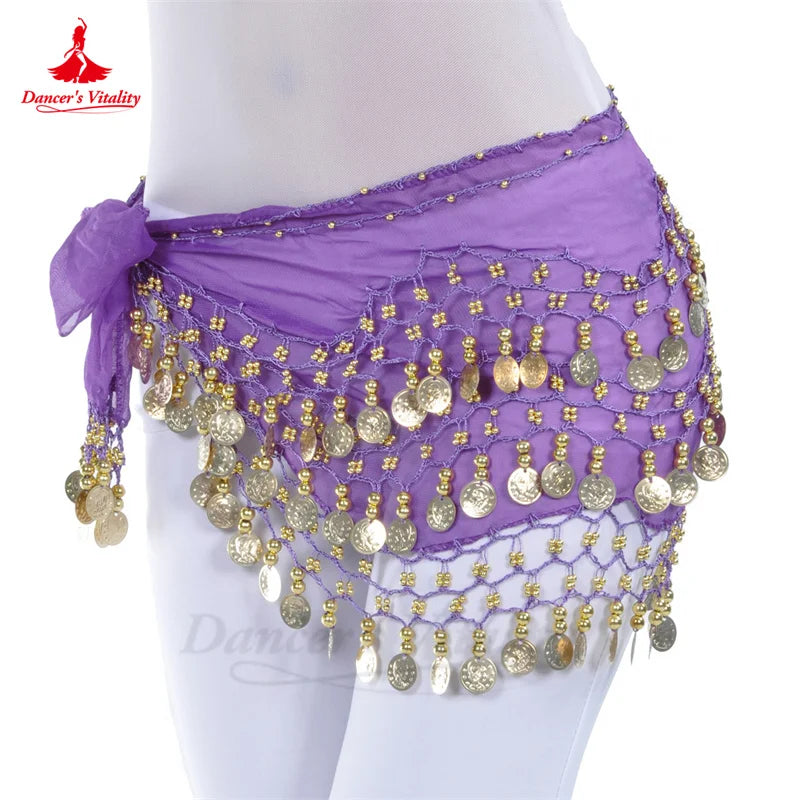 Belly Dance Belt for Women Chiffon Gold Coines Oriental Dancing Wear Accessies Girl's Chiffon Silver Coines Bellydance Hip Scarf