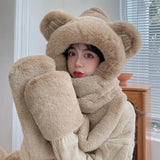 Winter New Style Thickened Warm Plush Scarf All-in-one Hooded Scarf Three-in-one Cute Bear Ears Hat Female Hooded Bib Ski Mask