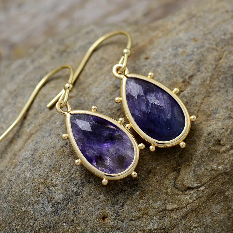 Classic Gold Plated Waterdrop Fluorite Hoop Dangle Huggie Woman Earrings Elegant Natural Stone Jewellery Creative Gifts