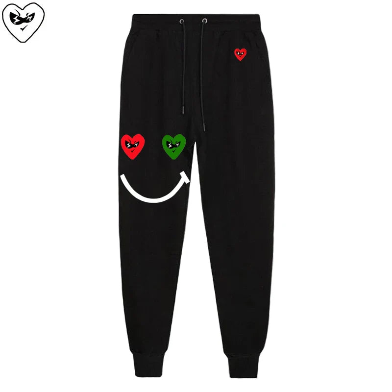 Men Women Spring Autumn Pants Heart Cartoon Embroidery Smiling Face Print Cotton Elastic Bind Feet Drawstring Casual Pants