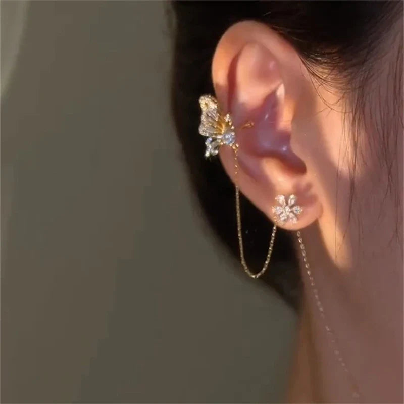 Fashion Sparkling Long Tassel Crystal Stars Ear Clip Earrings Without Piercing For Women Exquisite Light Luxury Wedding Jewelry