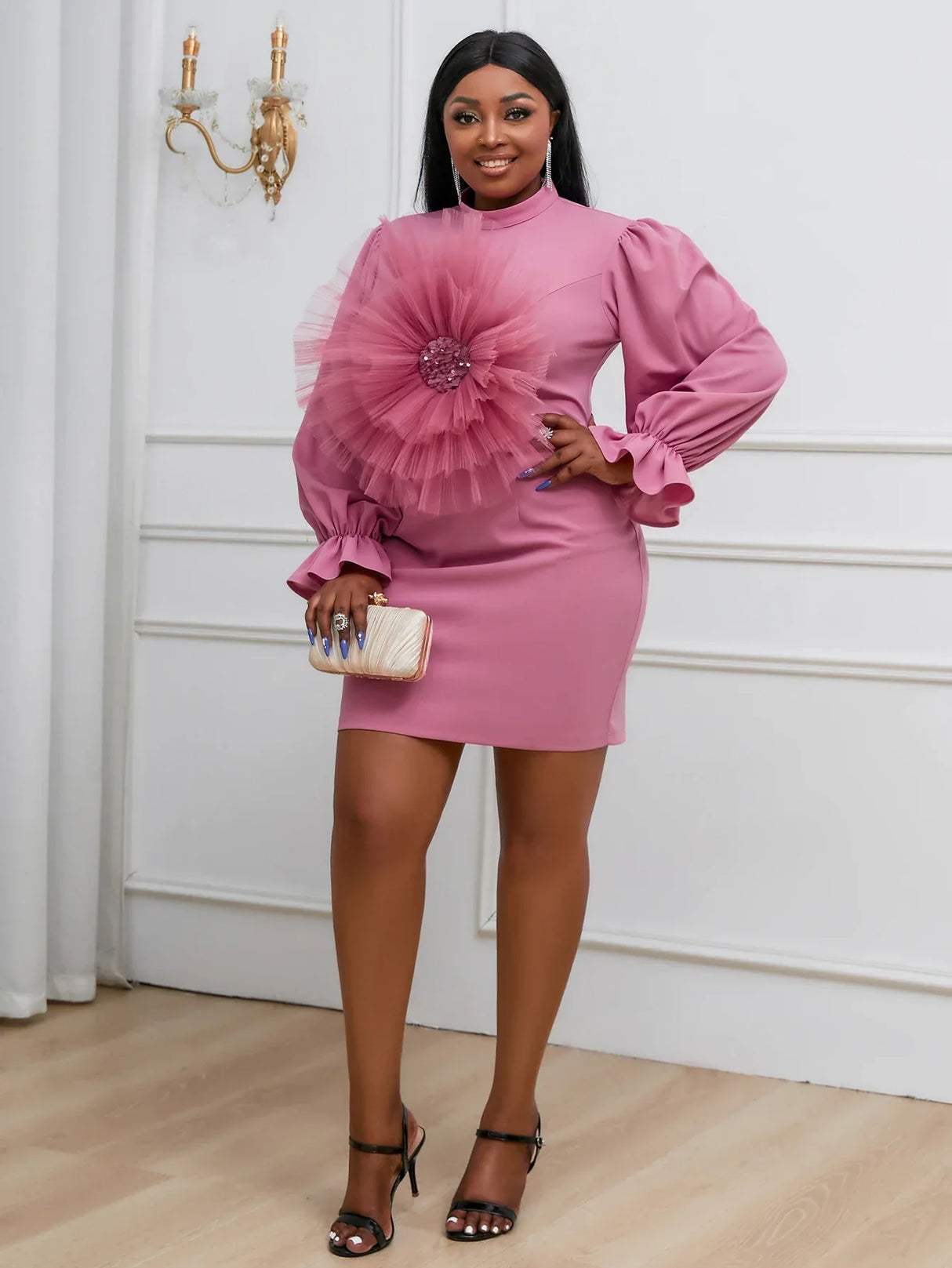 Women's Pink Mini Dress with Big Rose Flower High Neck Long Sleeve Bodycon Cocktail Short Gowns Party Wedding Clubwear Plus Size