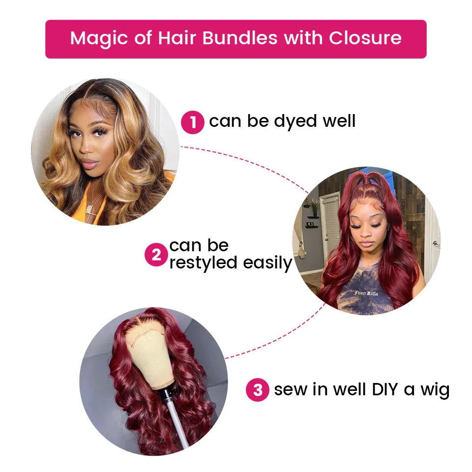 Vallbest 32 Inch 99J Body Wave Bundles With Closure Brazilian Wavy Burgundy Human Hair Bundles With 4x4 Lace Closure Remy Hair