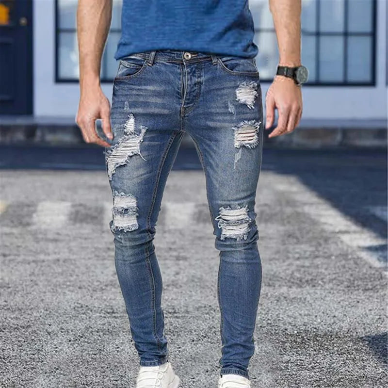 White Embroidery Jeans Men Cotton Stretchy Ripped Skinny Jeans High Quality Hip Hop Black Hole Slim Fit Oversize Denim Pants