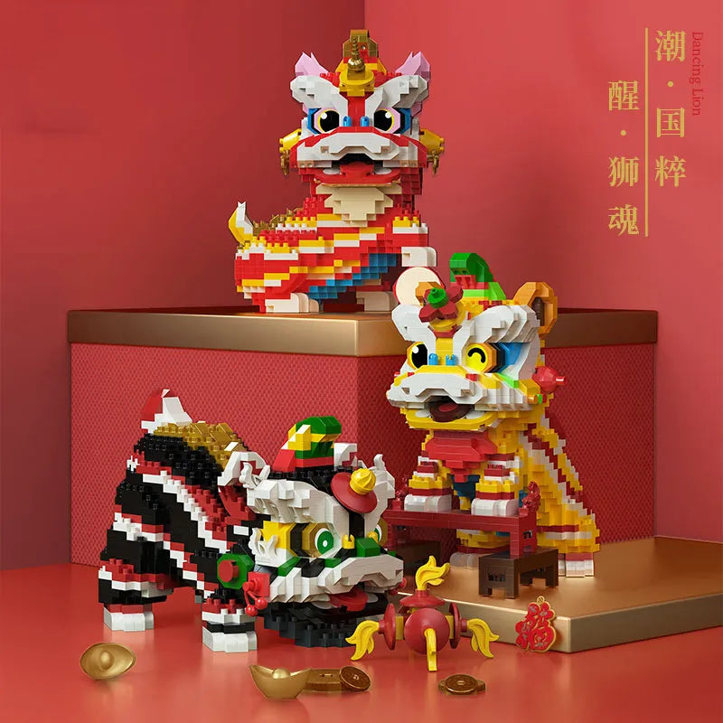 Chinese Lion Dance Building Blocks Mascot Assemble Small Particle Model Bricks Children's Puzzle Toy Creative Christmas's Gifts