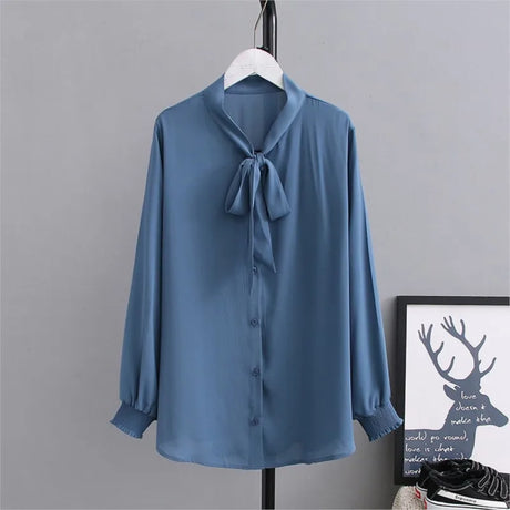 2022 Autumn Plus Size Women Shirt Fashion Solid Color Bow Tie Tops Loose Chiffon Long Sleeve Blouses