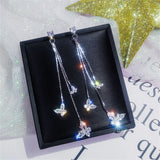 Korean Fashion Zircon Butterfly Tassel Earrings Trendy Crystal Silver Color Rhinestone Pendant Earrings Party Jewelry