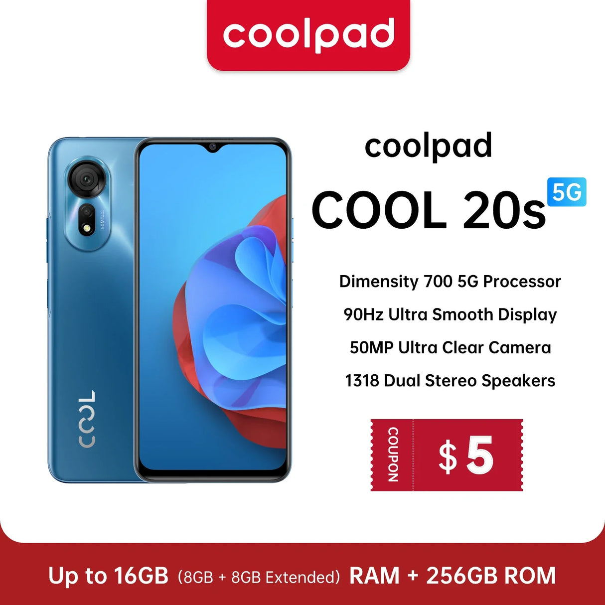 Coolpad Cool 20S 5G Smartphone 6.58" FHD+  Screen MTK Dimensity 700 50MP  8GB RAM Up to 16GB  Android 13 Triple Slots Cellular