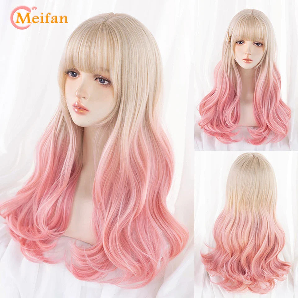 MEIFAN Synthetic Long Straight Lolita Wig with Bangs Wig Girl Cute Mixed Black Red Blonde Cosplay Party Halloween Harajuku Wig