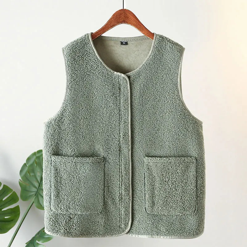 Womens Plus Size Fleece Jacket Autumn Casual Clothing Senior Sleeveless Vest Fashion Big Pocket Outwear Curve Coats T84 2363