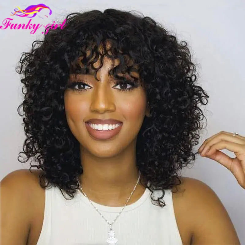 Short Curly Bob Human Hair Wig With Bangs Pixie Bob Cut Glueless Wigs Water Wave Full Machine Natural Black Cheap Wigs For Women